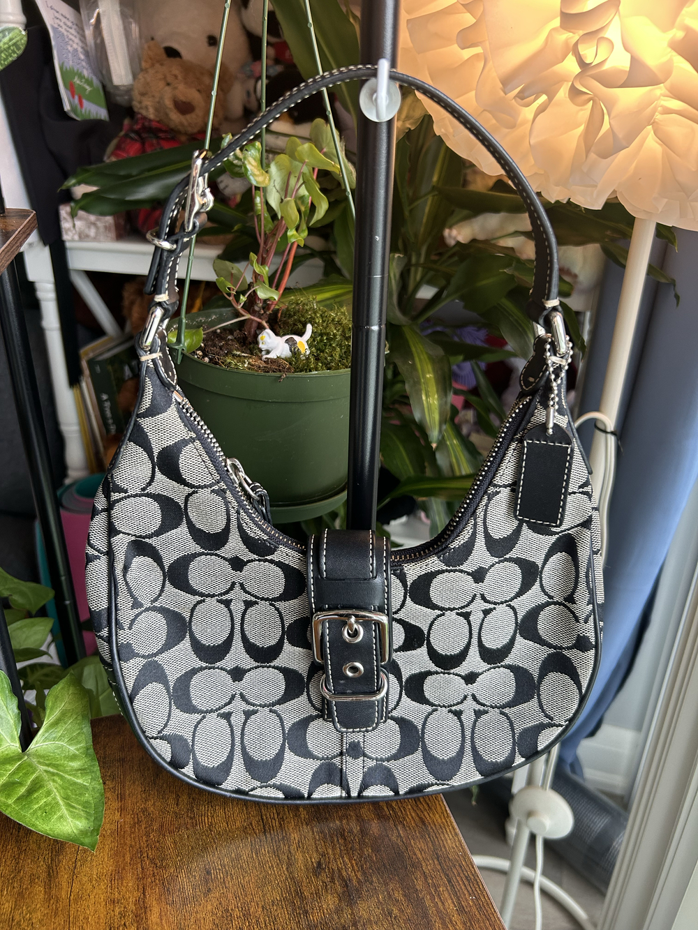 vintage coach signature hobo bag black & white jacquard canvas & leather trim f3